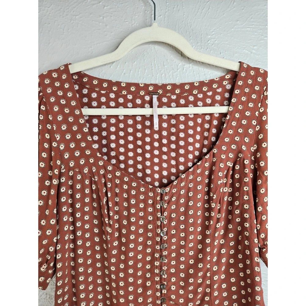 Free People Floral Button Front Blouse Small Brown Short Sleeve Boho Cottage Top